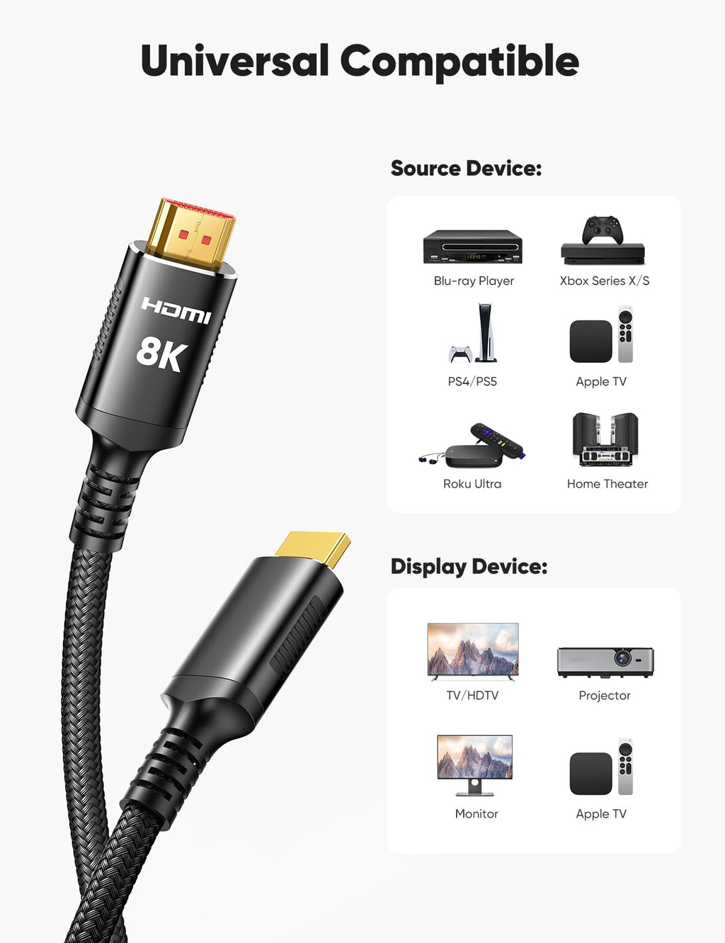 Snowkids 8K HDMI Cable 10ft, Certified 2.1 UHD [4K & Ethernet Support] | 48Gbps Ultra High Speed,Non-Slip,eARC 4K120 144Hz HDR10 HDCP 2.2&2.3,Braide 8K@60Hz Compatible for TV/PS-5/X-box/Sound System