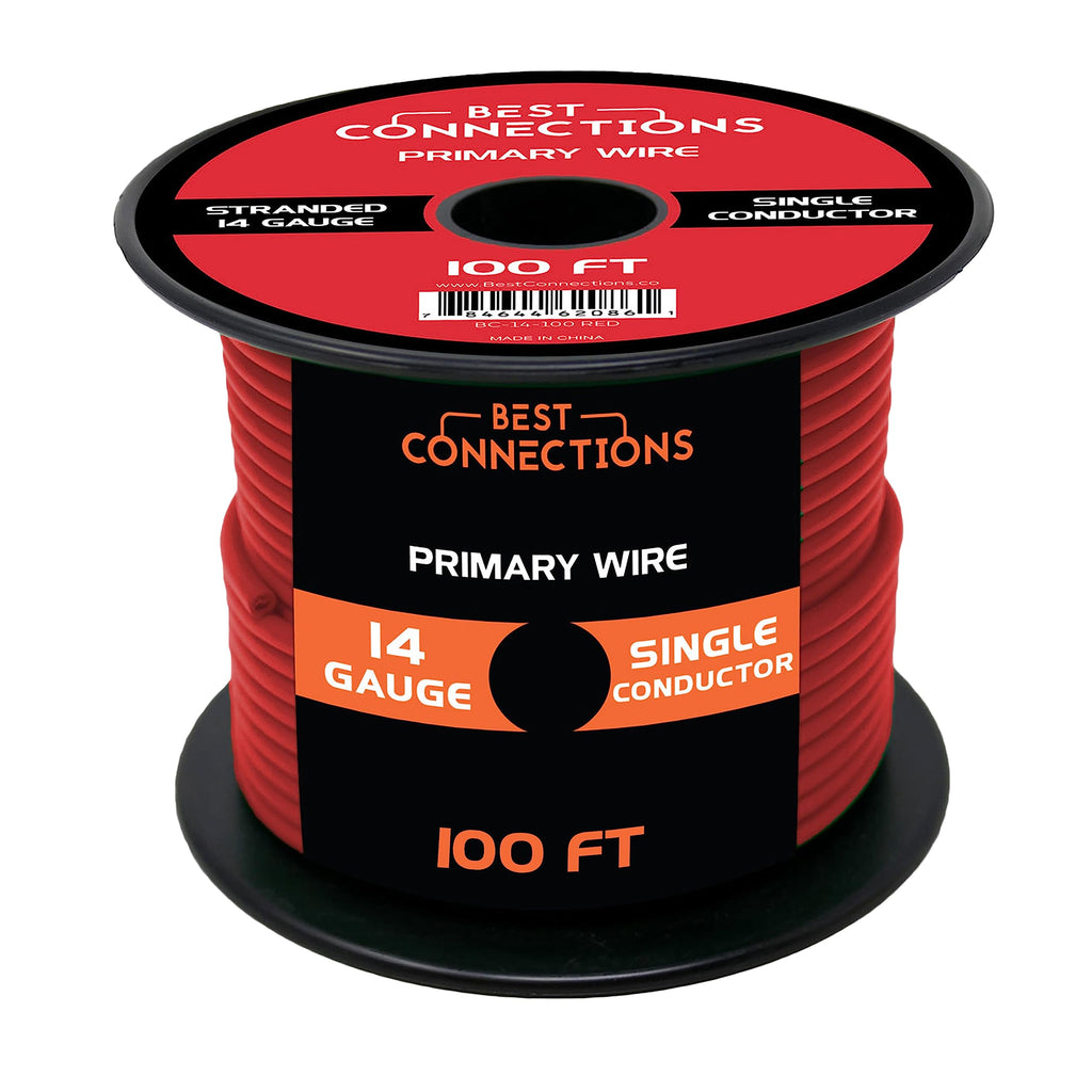 BEST CONNECTIONS Automotive Primary Wire - 100ft (Various Color Options) | Ideal for Trailer, Speaker, and Lighting Circuits | Durable Primary/Remote, Power/Ground Electrical Wiring (14 Gauge, Red)