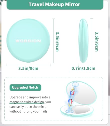 WOBSION 10X Magnification Compact Mirror with Light | 3.5-Inch 2-Sided Portable Travel Makeup Mirror for Purse and Handbag, Lighted Pocket Mirror, Cyan