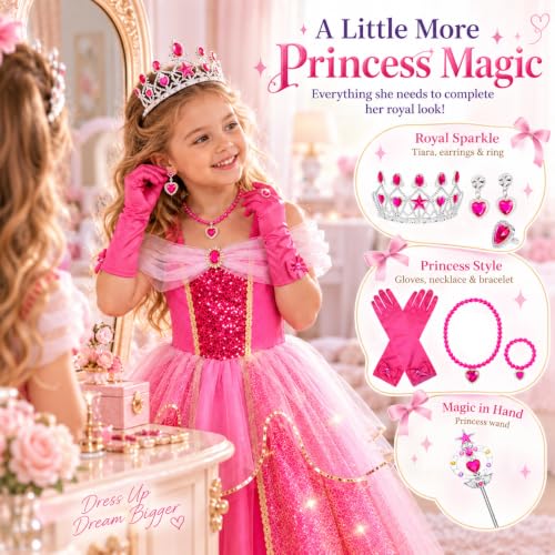 Meland Light Up Princess Dress for Girls Ages 3-10, Halloween Costume Party | Pink Light up Princess Dress for Girls with Princess Toys, Halloween Christmas Birthday Gift for Girls 3 4 5 6 7 8 9 10
