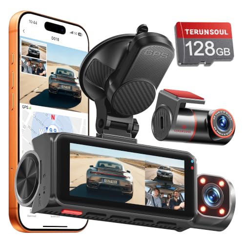 4K+4K+1080P 3 Channel Dash Cam, Free 128GB Card, AProX HD Night Vision | Dash Cam Front and Rear with Cabin, 5.8GHz WiFi6 - up to 20MB/s, App, GPS, G-Sensor, 24H Parking Mode, Support 512GB Max