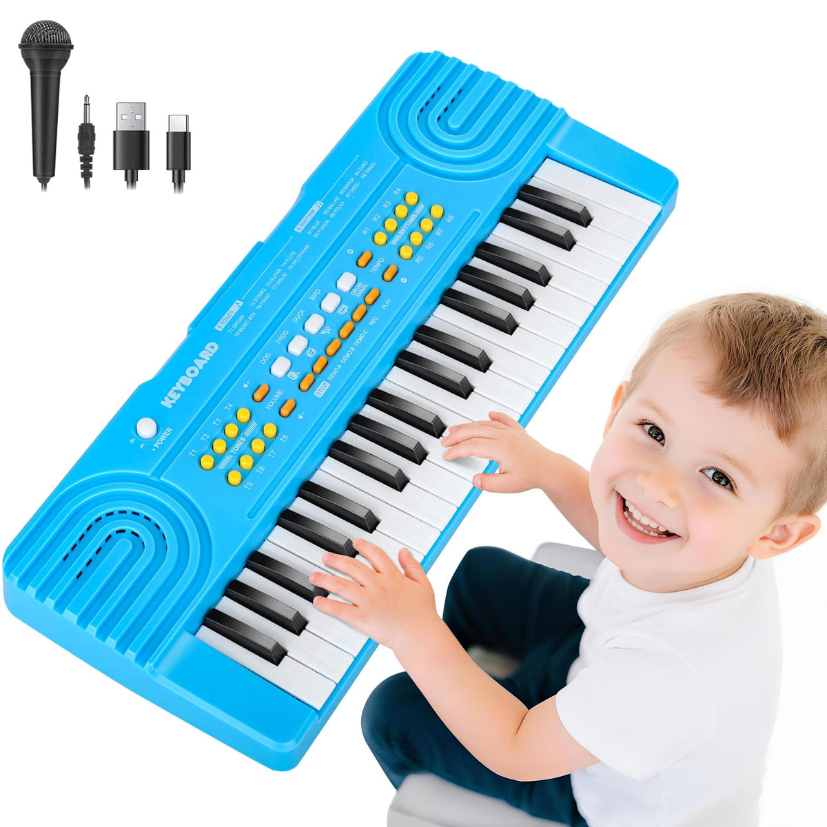 37 Key Kids Piano Keyboard with Microphone Toddler Music Toy Ages 3-5 | Portable Electronic Musical Instrument Toy for 3 4 5 6 7 Year Old Boys Girls, Birthday Gifts Blue