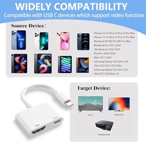 Kinhaly USB C to HDMI for TV, 4K@60Hz Type C to Adapter with Charging Port, iPhone to Hdmi to USB C Adapter Compatible for iPhone 18/17/16/15 Series/iPad Pro/MacBook Pro to HDTV Projector