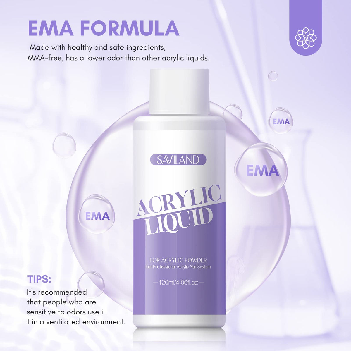 SAVILAND Low Odor EMA Monomer Acrylic Nail Liquid, 4 oz | Non-Yellowing Monomer with #12 Nail Brush, Strong Adhesion, For Extensions & 3D Sculpting, DIY Beginners, Home and Salon Use