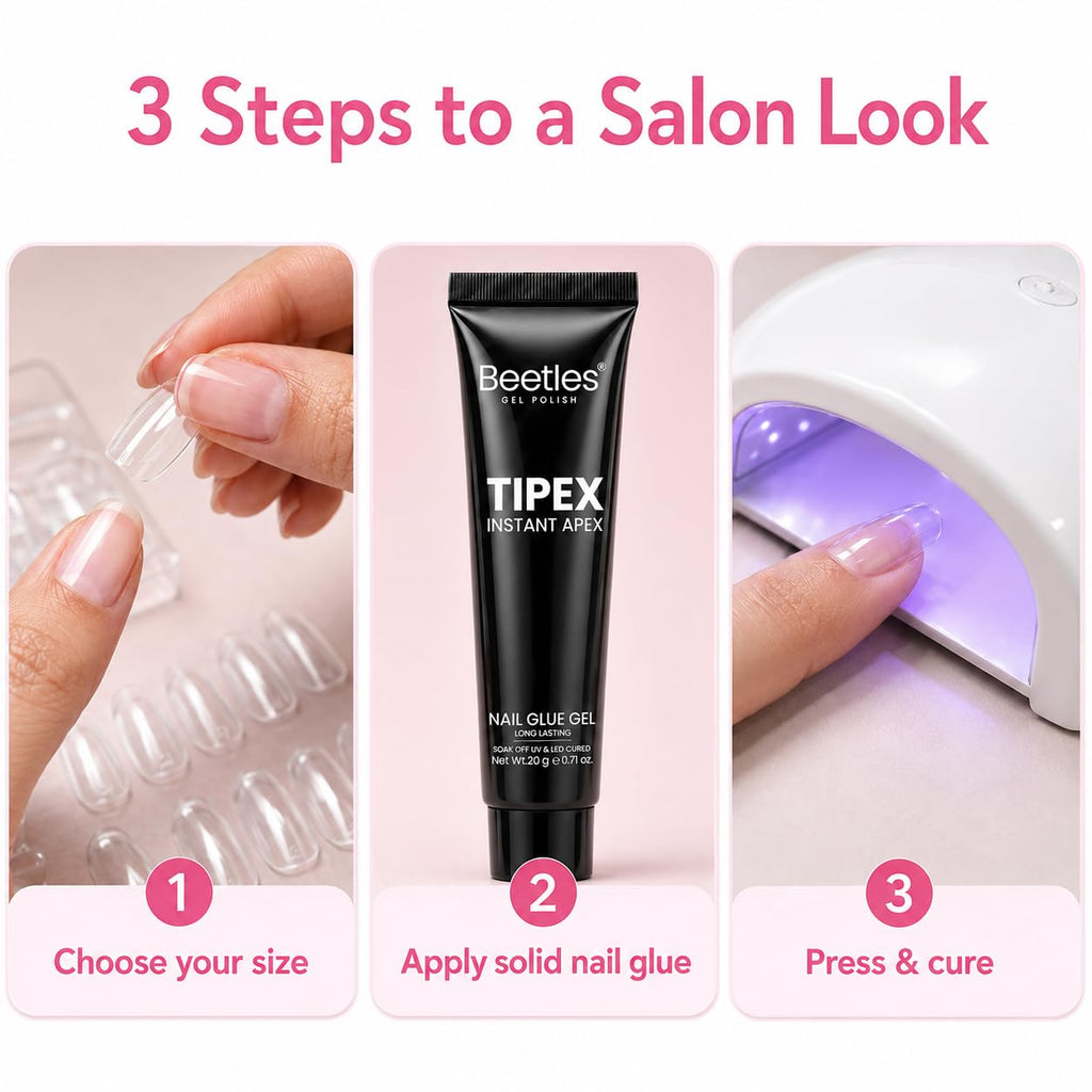 Beetles Tipex Lite Instant Apex Nail Tips, Medium Stiletto, 16 Sizes(00-14) | No Builder Gel Needed, Etched-free Acrylic Nails for DIY Salon-look False Nail Extensions, Full Cover Soft Gel Tips