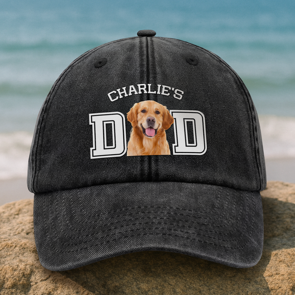 Custom Dog Dad Washed Denim Baseball Cap - Personalized Photo Pet Dad Hat for Men