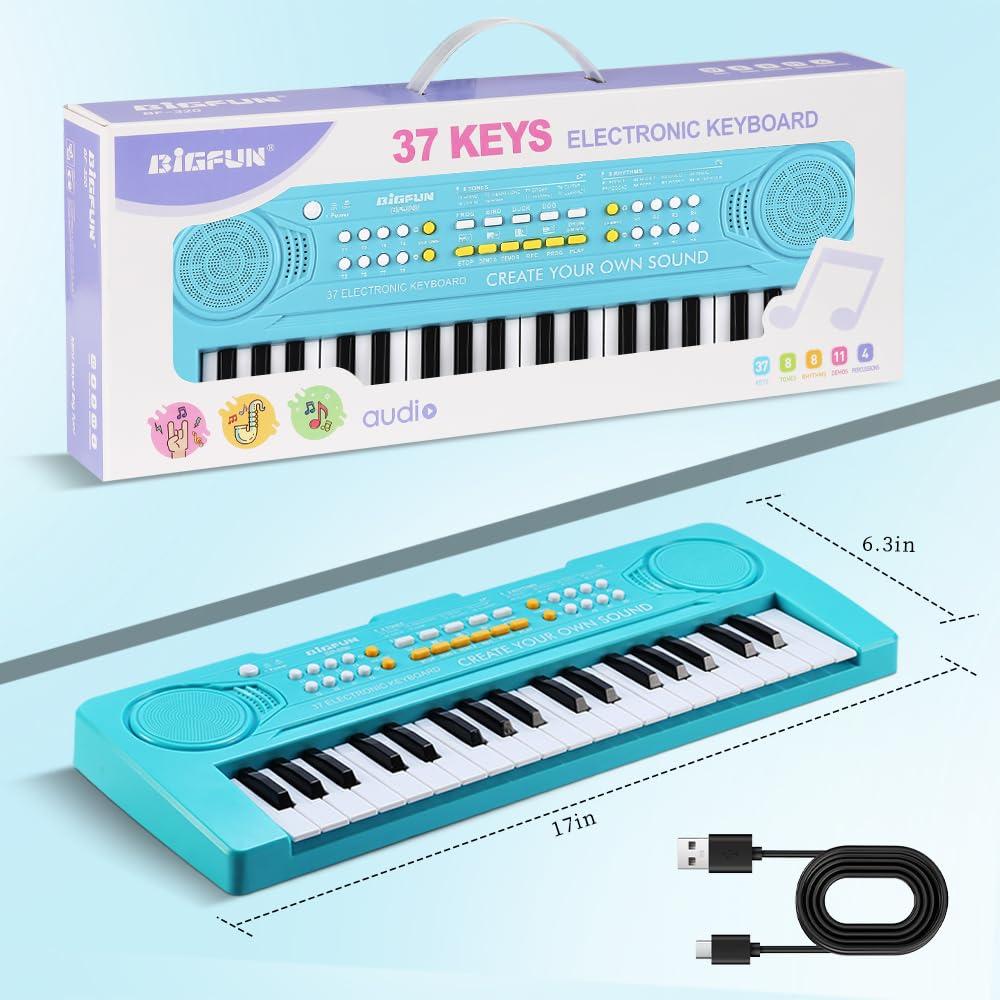 Keyboard Piano for Kids, BIGFUN 37 Keys Toddler Piano Instrument Toy, Blue | Kids Electronic Multifunction Music Educational Keyboard Toy for 3-7 Year Old Girls and Boys