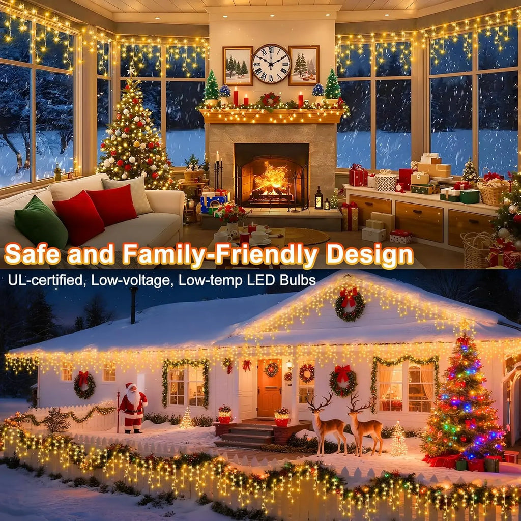 66ft 600-LED Christmas Icicle Lights – Outdoor Lights with Connectable Clear Wire. 8 Modes. Timer. Plug-in. Waterproof; Suitable for Eaves. Patios. Parties. and Indoor Holiday Decor; Includes Switch; Warm White