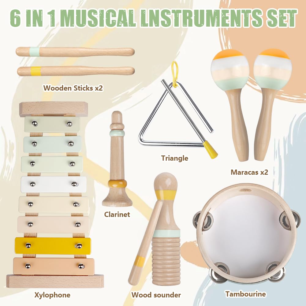 Baby Musical Instruments-Montessori Wooden Toys for Toddlers | Neutral Colors Percussion Instruments Set with Modern Boho Xylophone for Kids Preschool Educational (Neutral)