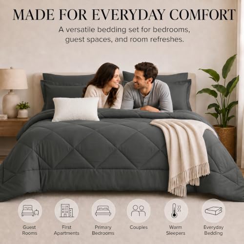 CozyLux Queen Comforter Set 88"x88" Dark Grey - 7 Piece Bed in a Bag | Fits Mattresses up to 14in, Sheets & Shams Included, OEKO-TEX Certified, 240GSM All-Season Fill, Couples & Guest Rooms
