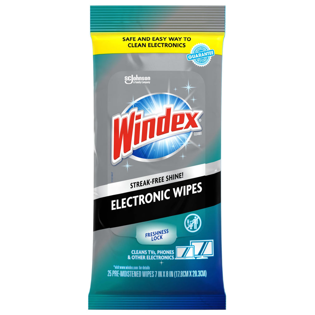 Windex Electronic Cleaning Wipes, Anti-Static & Ammonia-Free, 25 Count | Pre-Moistened Wipes for Monitors, Computer Screens, Laptops, TVs, Phones & More, Resealable Pack with Freshness Lock