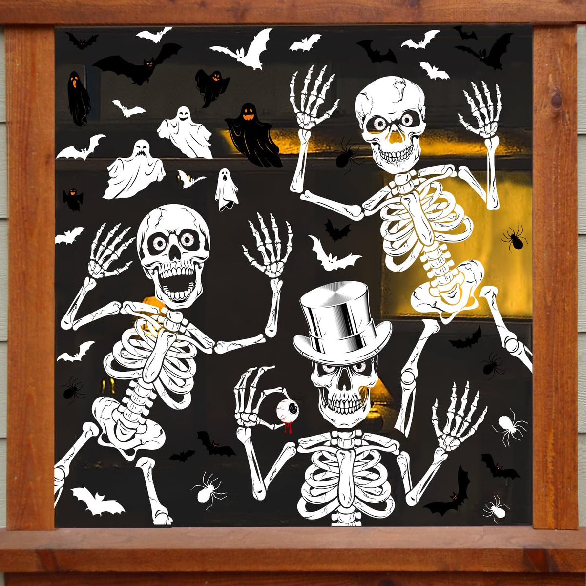 AMLOOPH Halloween Decorations Window Stickers - Skeleton Window Clings | 10 Sheets Reusable 3 Large Skeleton Stickers + Small Bat Spider Ghost Decals Design for Halloween Window Decorations Indoor