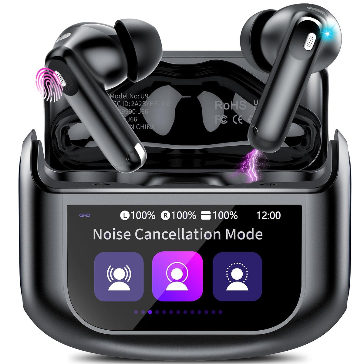 Active Noise Cancelling Ear Buds 48H Wireless Earbuds with Touch Screen | HiFi Stereo Bluetooth Headphones with ENC Noise Cancelling/Transparency Mode, IPX7 Earphones with 5 EQ Modes for iOS Android