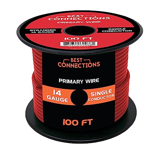 BEST CONNECTIONS Automotive Primary Wire - 100ft (Various Color Options) | Ideal for Trailer, Speaker, and Lighting Circuits | Durable Primary/Remote, Power/Ground Electrical Wiring (14 Gauge, Red)