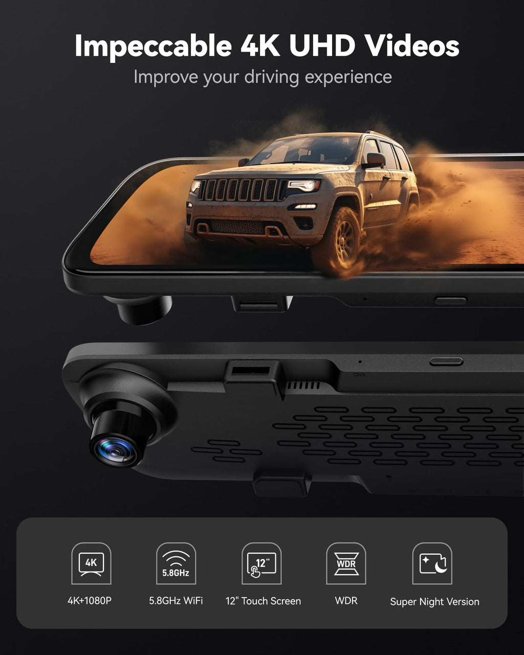 WOLFBOX G840S 12" 4K Mirror Dash Cam Backup Camera with 32GB Card and GPS | 5.8GHz WiFi Smart Rearview Mirror for Cars & Trucks, Front and Rear View Dual Cameras, Night Vision, Parking Assistance