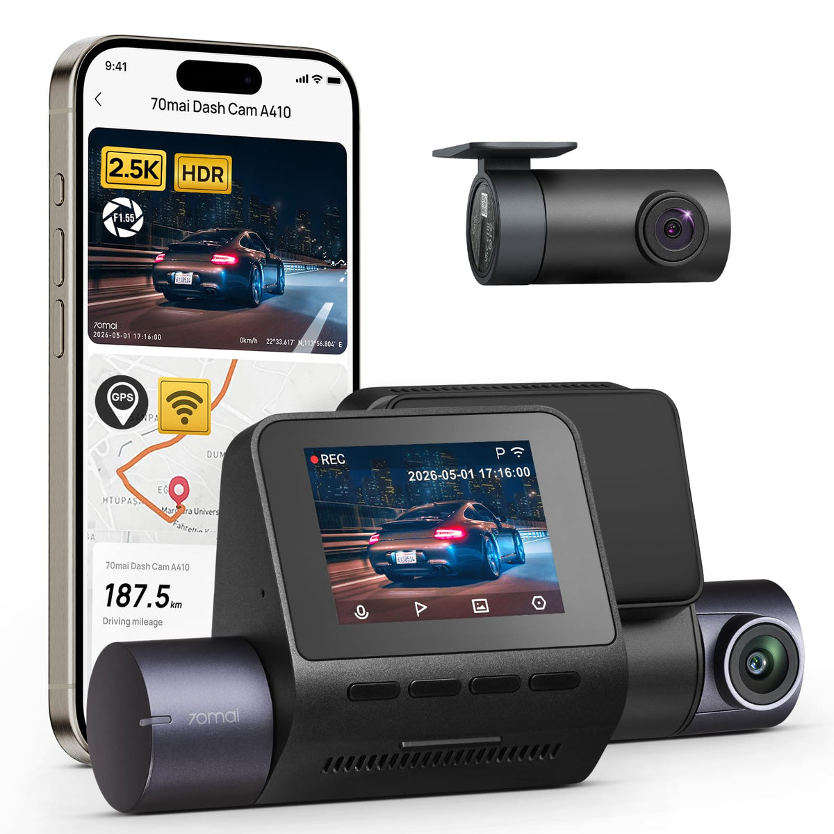 70mai 2.5K Dash Cam Front and Rear, F1.55, Night Vision, WiFi GPS, ADAS | 2.5K+1080P Car Camera, Super Night Vision, HDR, 24H Parking Mode, Built-in WiFi&GPS, G-Sensor, Loop Recording