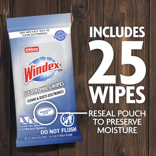 Windex Electronic Cleaning Wipes, Anti-Static & Ammonia-Free, 25 Count | Pre-Moistened Wipes for Monitors, Computer Screens, Laptops, TVs, Phones & More, Resealable Pack with Freshness Lock