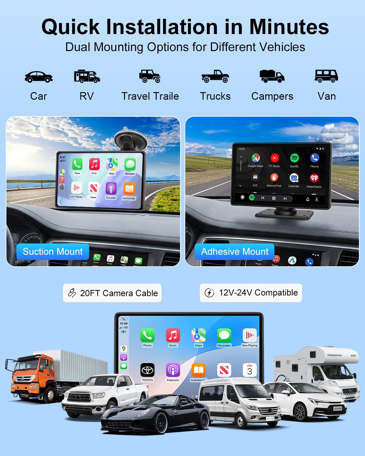 9" CarPlay Screen for Car, Wireless Apple CarPlay & Android Auto | with 1080P Backup Camera, Night Vision, Mirror Link, Voice Control, Bluetooth/FM/AUX Audio, Portable Touchscreen Display