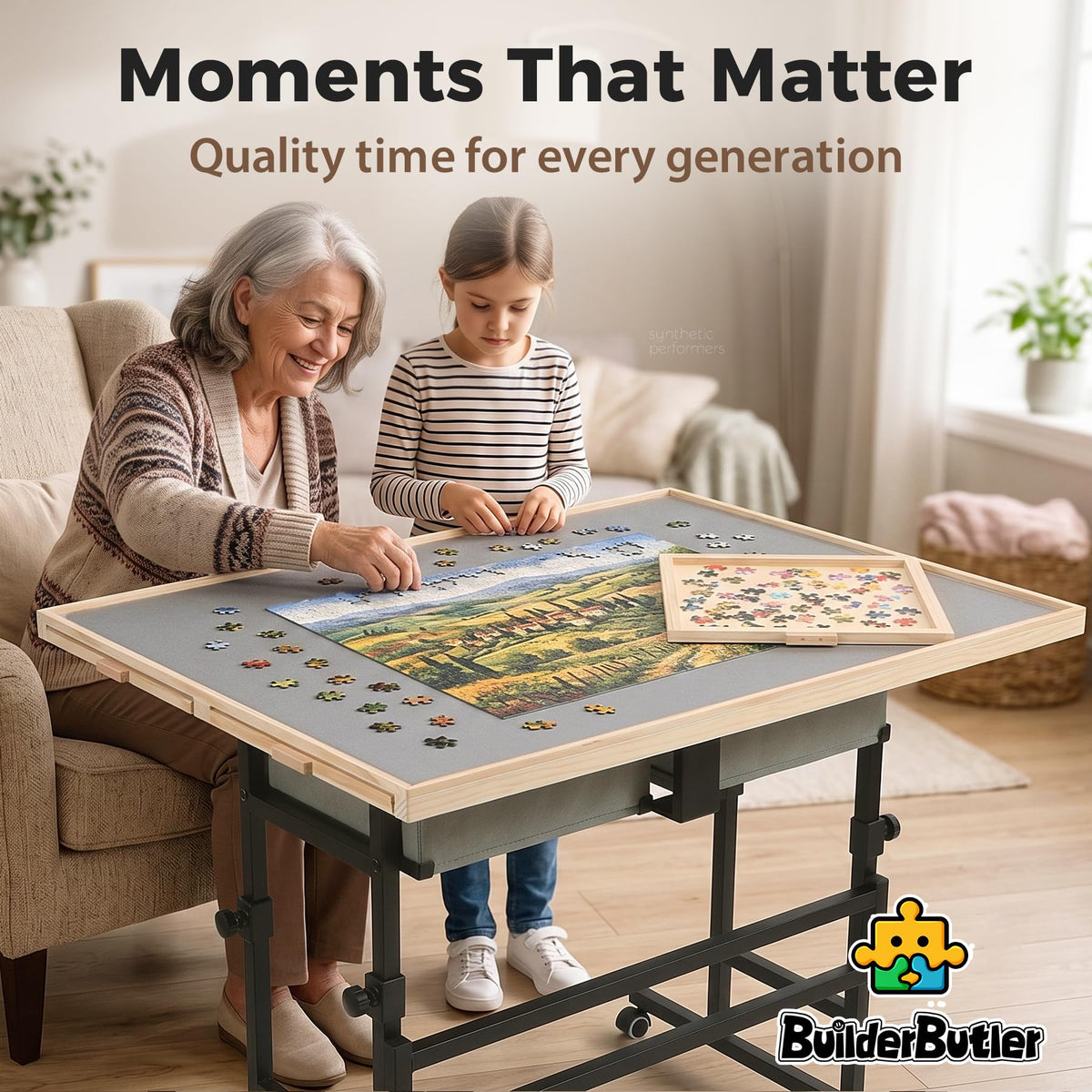 BuilderButler Puzzle Table 1500 Pieces with Wheels, Drawers & Cover, 33.58"x24.92" Adjustable Height & 45° Tilting Jigsaw Board for Adults, Also Ideal as Fuse Beads Table