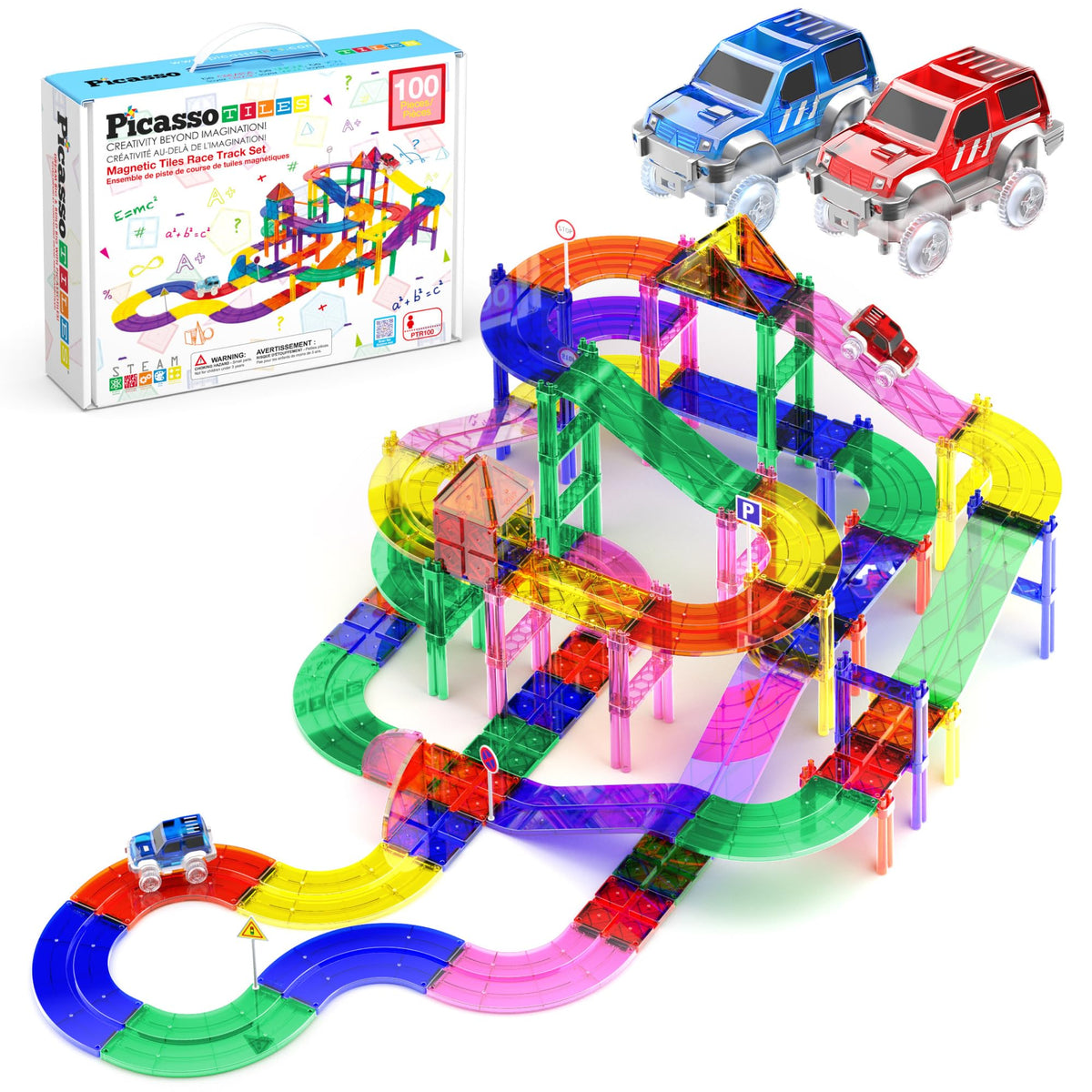 PicassoTiles 100 Piece Magnetic Tiles Race Track Toy Creative Building Set | Ages 3+, premium BPA-free materials, promotes hand eye coordination, sharpens fine motor control, boosts spatial logic skills