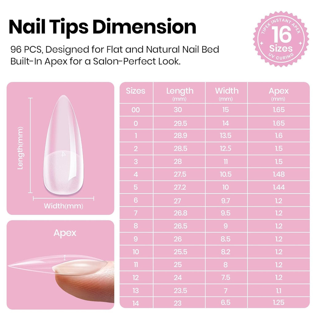 Beetles Tipex Lite Instant Apex Nail Tips, Medium Stiletto, 16 Sizes(00-14) | No Builder Gel Needed, Etched-free Acrylic Nails for DIY Salon-look False Nail Extensions, Full Cover Soft Gel Tips