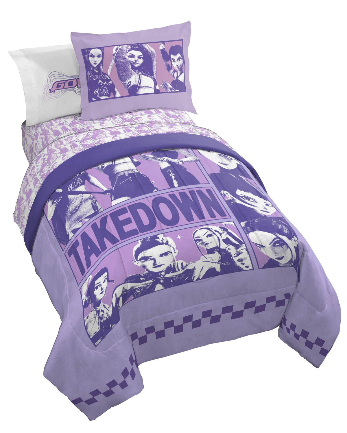 KPOP Demon Hunters Twin Comforter Set 5 Piece Kids Cartoon Bedding, Purple | Bed in a Bag, Comforter Sheets Sham Pillowcase, Official Brand, Soft Microfiber, Machine Washable, Easy Care, Girls Gift