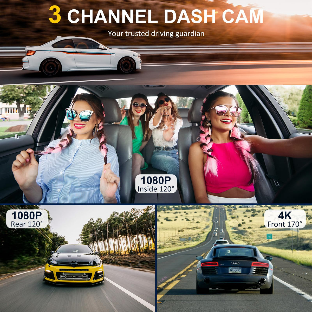 4K Dash Cam Front and Rear Inside,3.16" IPS,3 Channel Dash Cam for Car with 5G WiFi,Free 64GB Card,170° Wide Angle,Loop Recording,G-Sensor,WDR,Night Vision,Time-Lapse,24H Parking Monitor