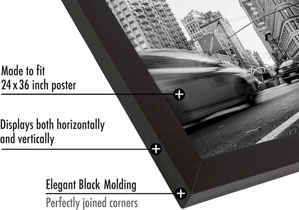 Americanflat 24x36 Poster Frame - Engineered Wood - Black | Polished plexiglass front, hangs vertical or horizontal, sawtooth hangers included, secure turn-tab backing