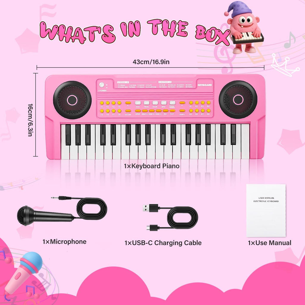 Upgraded 37 Keys Kids Piano Keyboard with Mic for 3 4 5 6 Boys Girls - Pink | Portable Toddler Music Toys Musical Instrument Birthday Xmas Gift