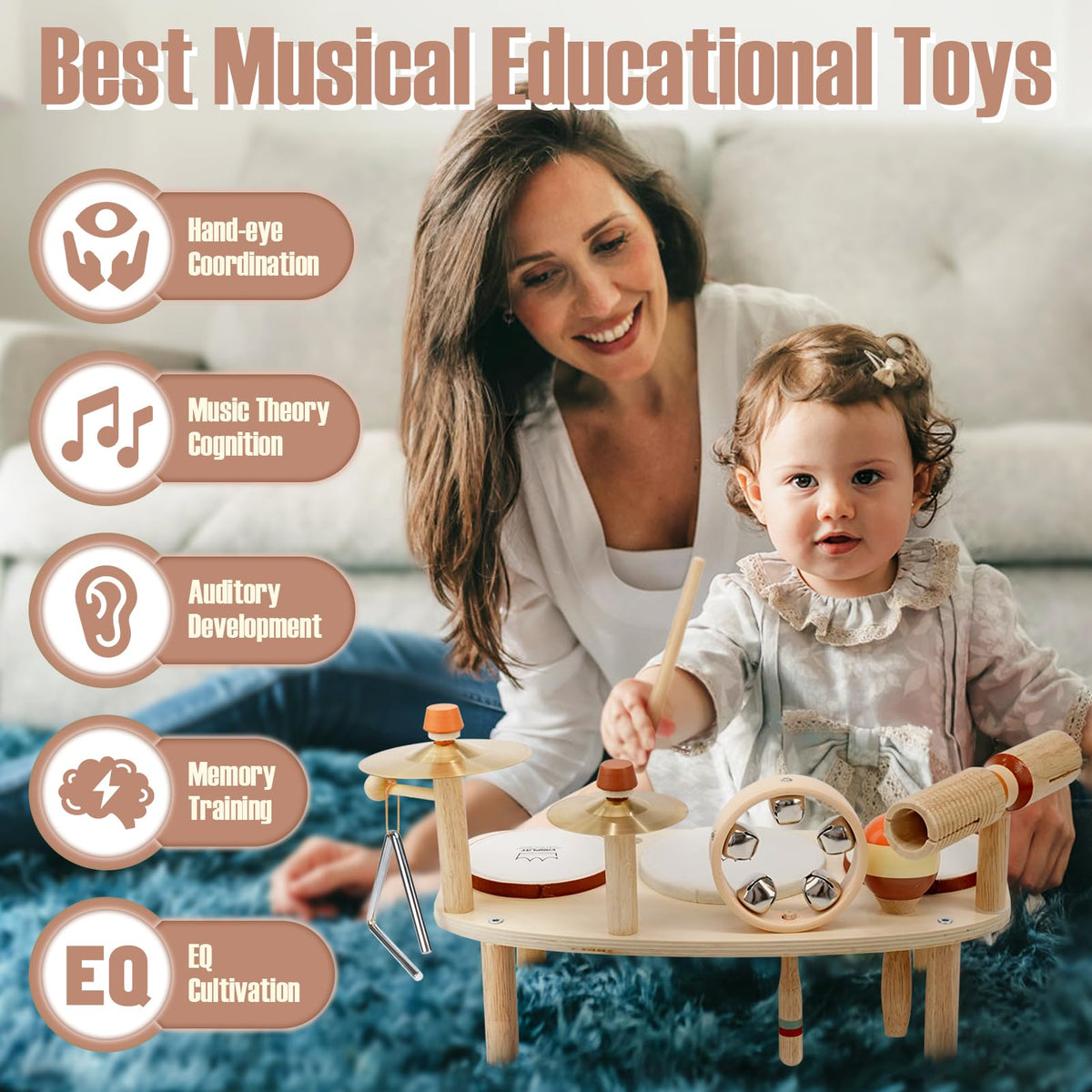 Vanplay Kids Drum Set, Montessori Toys for 2 3 Year Old Boy Girl Gifts | 11 in 1 Wooden Musical Instruments for Toddlers, Musical Activity Table, Explore Music & Rhythm, Christmas Birthday Gift