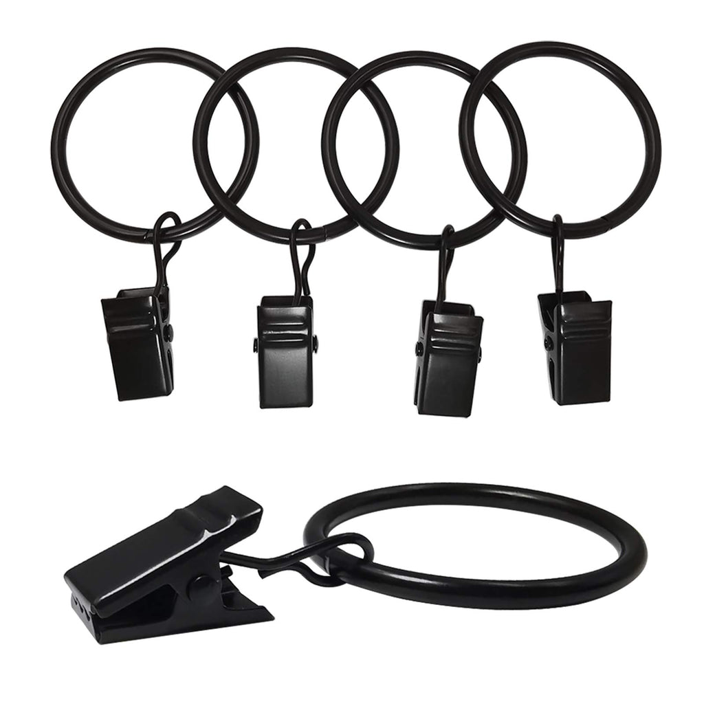 AMZSEVEN 40 Pack Metal Curtain Rings with Clips, 1.26 in ID, Black | Curtain clip rings fit rods up to 1 inch in diameter; securely hold curtains, baby pants on hangers and hair bows