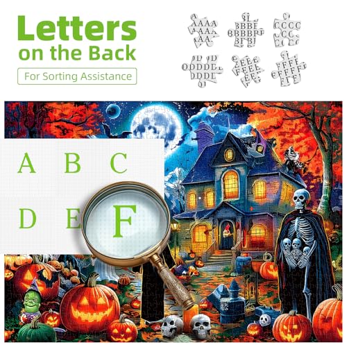 PuzzOne Halloween 1000 Pieces Puzzles for Adults Horror House Night | Halloween Spooky Skeletons and Ghosts Jigsaw Puzzle with Pumpkins for Holiday Party Game Decor Gifts Dust Free (27.5"x19.7")