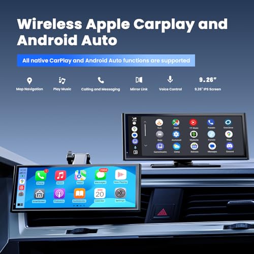 9.26" Wireless Portable Carplay Screen for Apple Car Play Android Auto OTA | 1600x600 IPS Touchscreen with OTA Updates, Backup Camera, Mirror Link, Bluetooth 5.0, Voice Control, GPS Navigation, FM