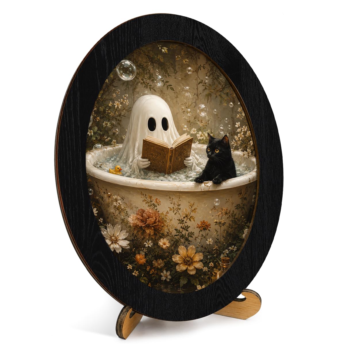 Framed Vintage Halloween Ghost Oval Bathroom Wall Art, Ghost Reading Book Halloween Wall Decor, Black Cat Ghosts Canvas Art Prints for Home Bathroom Entryway