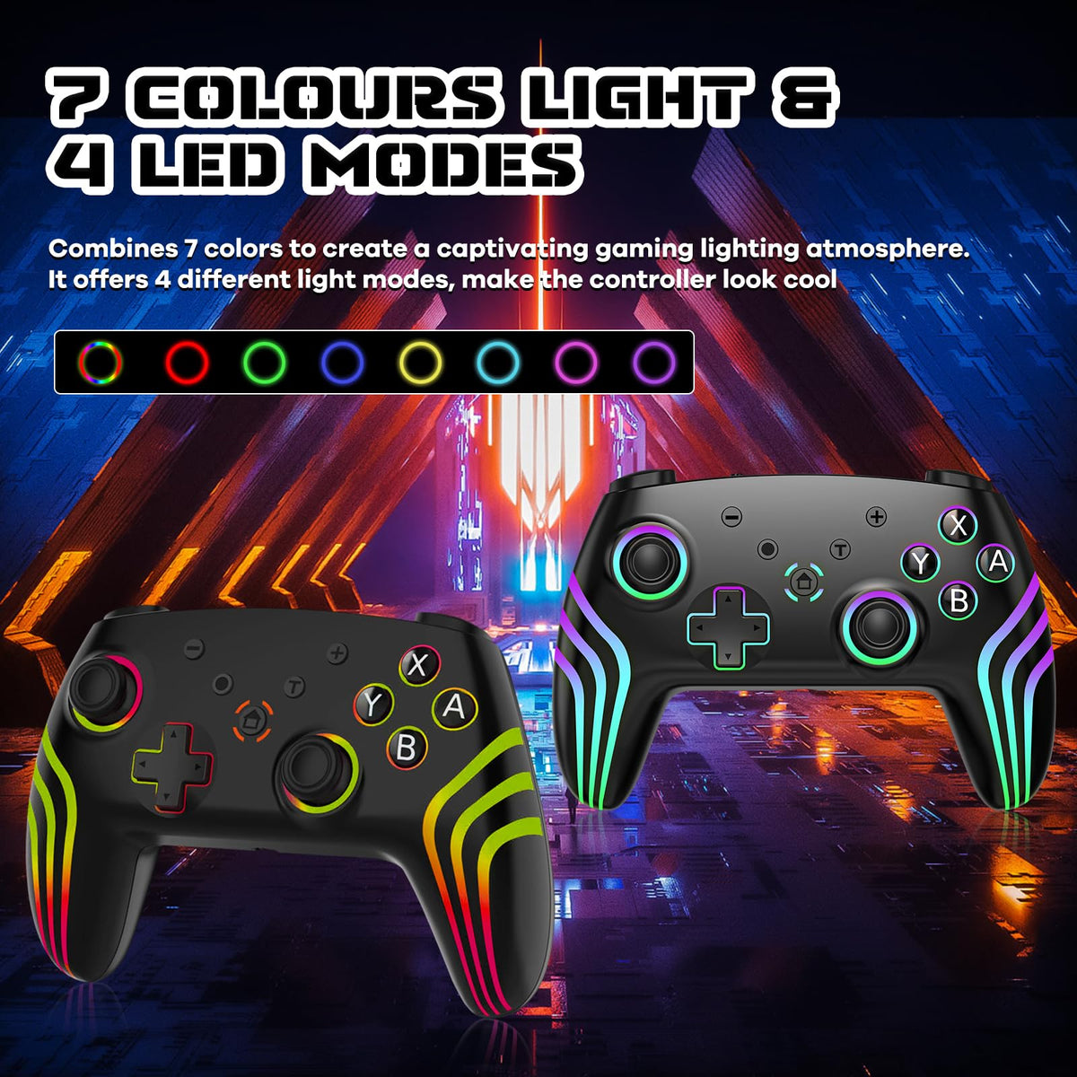 MYSTILUCK Wireless Pro Controller for Switch/Switch 2/Lite/OLED/PC | Gamepad with 7 Color-Changing RGB Lighting/Dual Vibration/6-Axis Gyroscope/Turbo, Ergonomically Designed Precise Joystick