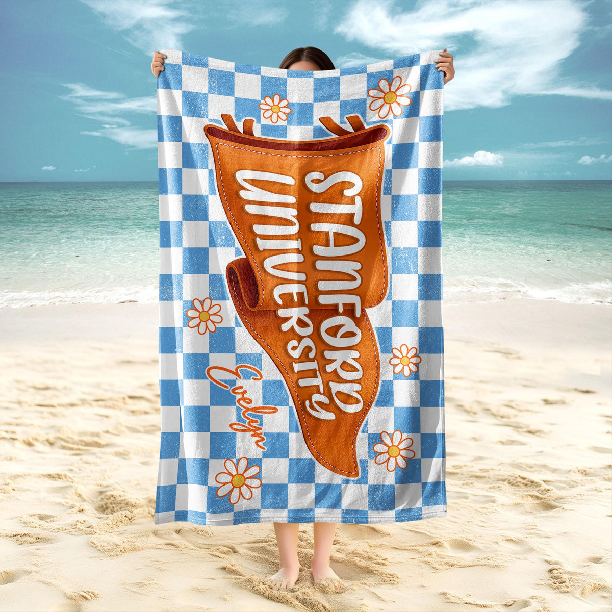 Personalized University & Name Pennant Beach Towel - Graduation Gift for Her/Him