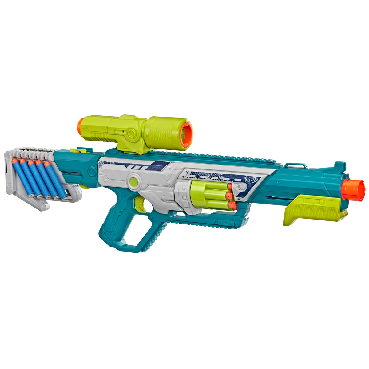 Nerf Rebel Ops Deadeye Blaster, 24 Nerf Elite Foam Darts, Shieldstock & Scope-Barrel Attachments, Kids Gift Toys, Ages 8+