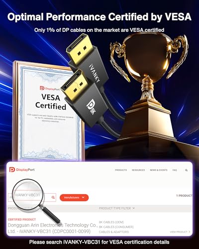 IVANKY VESA Certified 8K DisplayPort Cable 1.4, 6.6ft DP Cable Supports HDR | Display Port Cable, 8K@60Hz, 4K@240Hz, 2K@240Hz, HBR3, 32.4Gbps, HDCP 2.2, FreeSync G-Sync, for Gaming Monitor, Graphics, PC