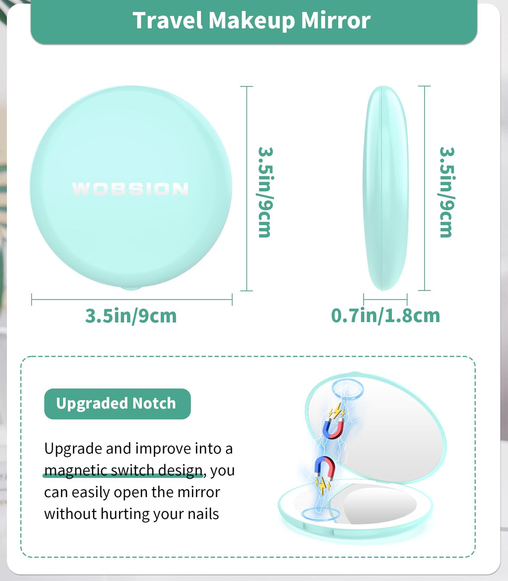 WOBSION 10X Magnification Compact Mirror with Light | 3.5-Inch 2-Sided Portable Travel Makeup Mirror for Purse and Handbag, Lighted Pocket Mirror, Cyan