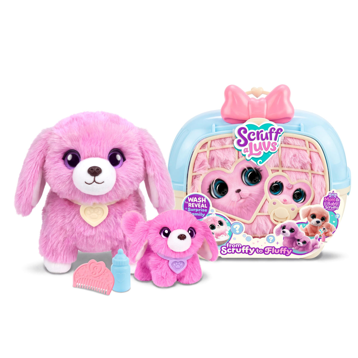 ScruffaLuvs Mom & Baby Scruffs Dachshund Plush Toys, Wash to Reveal | Includes comb, collars, feeding bottle and 9.8 in pet carrier for plushies nurturing play, toddler toys 3+