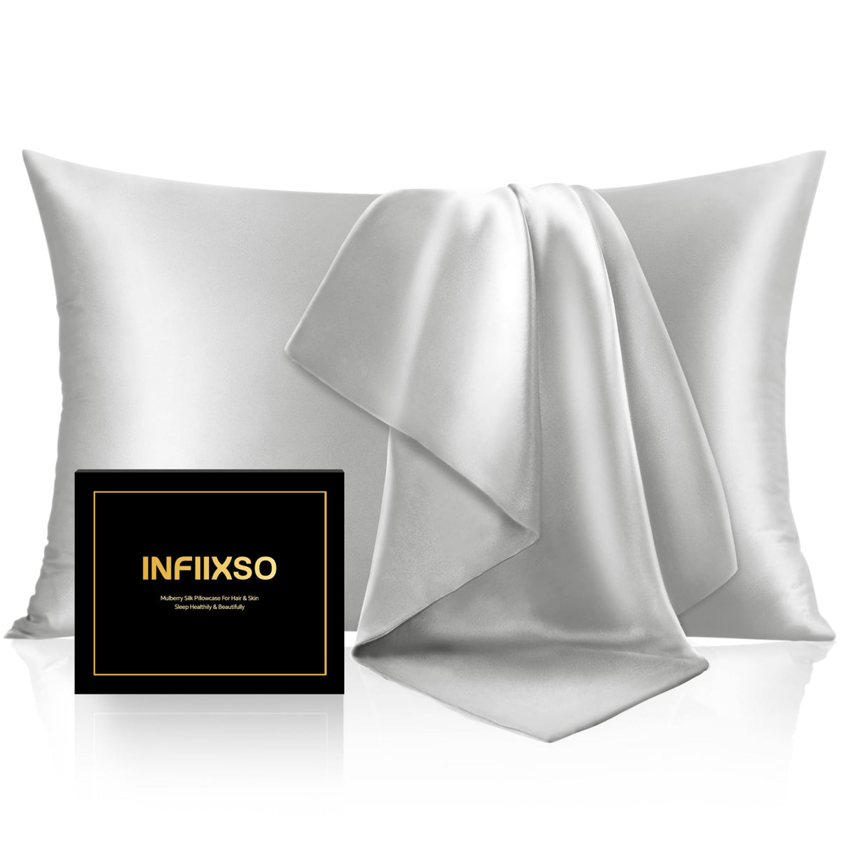 INFIIXSO Mulberry Silk Pillow Cases Standard Size with Zipper, Light Grey | Ultra Smooth & Soft Silk Pillowcase for Hair & Skin, Cooling Pillow Cover for Hot Sleepers, Hidden Zipper, 1Piece 20"x26"