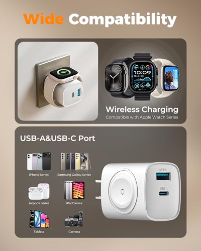 TESSAN Charging Blocks for Apple Watch Charger, USB C Charger Block 3-in-1 | PD20W USB C Fast Charging Dual Ports for iPhone 17/16/15, AirPods, iWatch, Travel Essentials, Drom Office Accessories, White