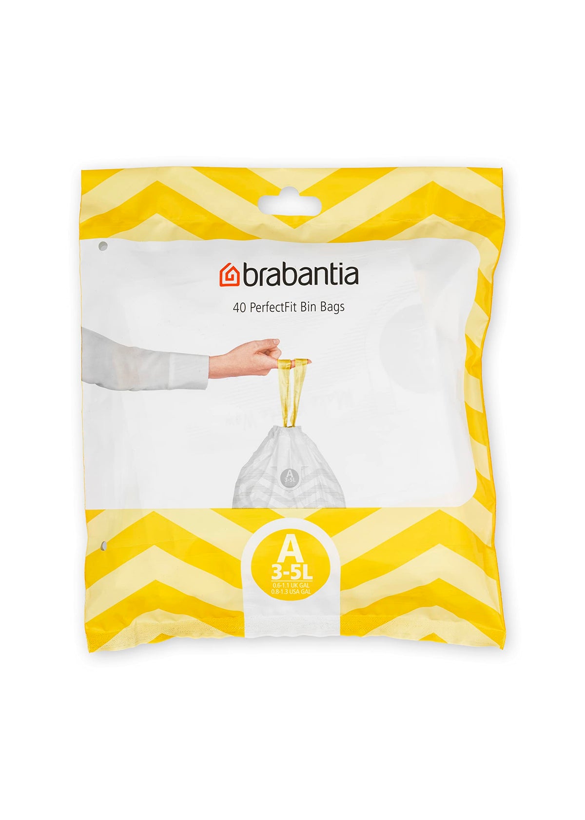 Brabantia PerfectFit Bin Liners, Tear-Resistant, Size A/3L (40 Bags) | Tie Tape Drawstring Handles, Thick Plastic Trash Bags, Hassle-Free Changing, White With Yellow Tie Handles