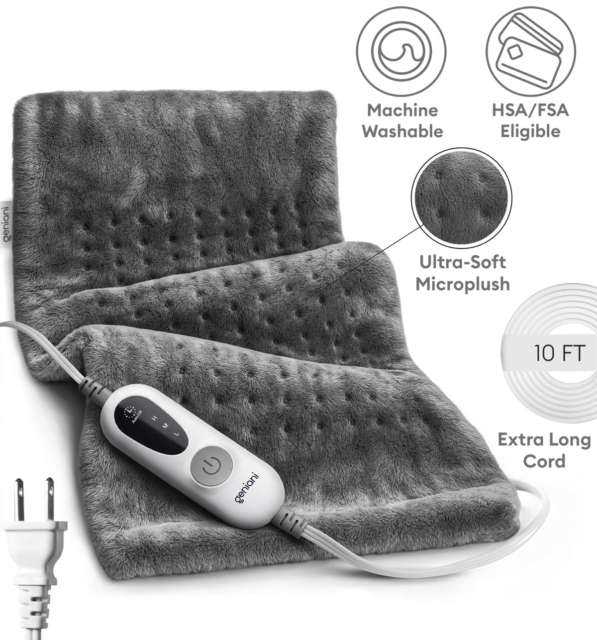 GENIANI Electric Heating Pad for Back Pain & Cramps Relief, Electric Throw, Self Care Gifts for Women, Heating Pad for Neck & Shoulder, Machine Washable Microplush, Auto Shut Off (12"x24", Tabby Gray)