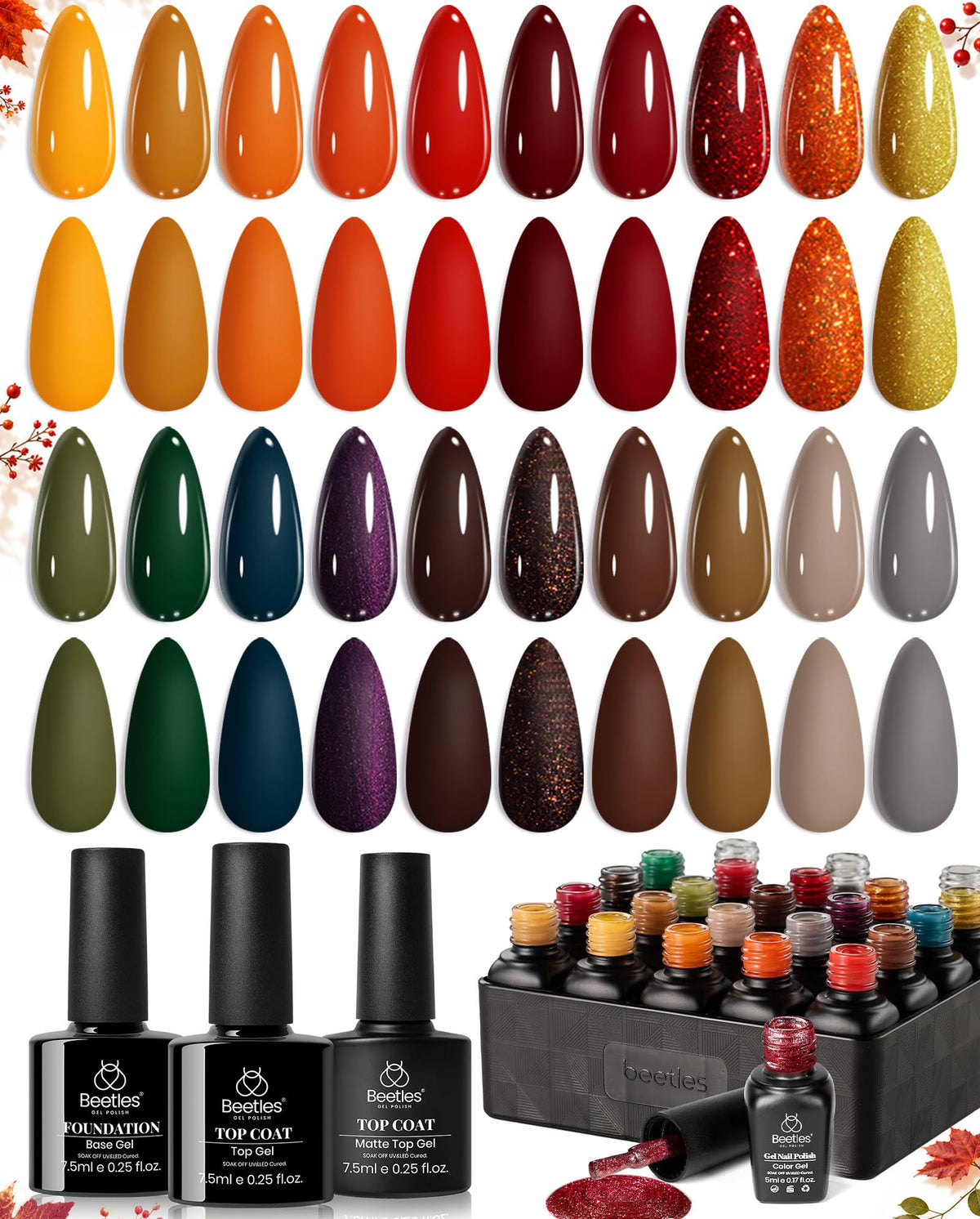 Beetles Fall Gel Nail Polish Set, 20 Colors Orange Yellow Brown | Burgundy Red Green Autumn Gel Polish Set with Base Glossy&Matte Top Coats, UV LED Soak Off Manicure Kit
