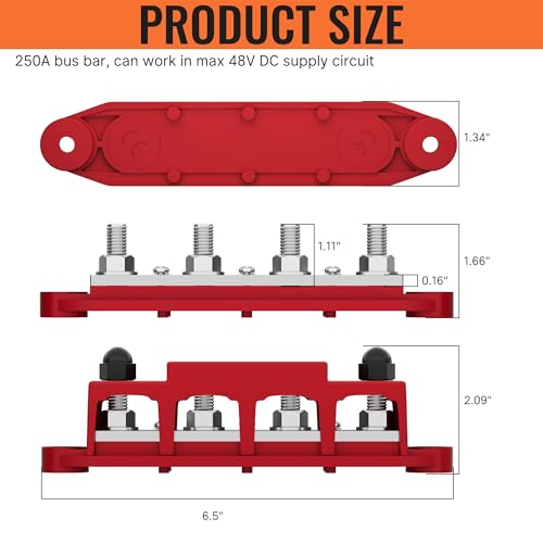 Joinfworld Bus Bar 12V 250A Power Distribution Block 4 x 3/8" Studs Marine Bus Bar 12 Volt Battery Busbar Terminal Block for Automotive, Car, Boat, Solar Wiring - Negative&Positive