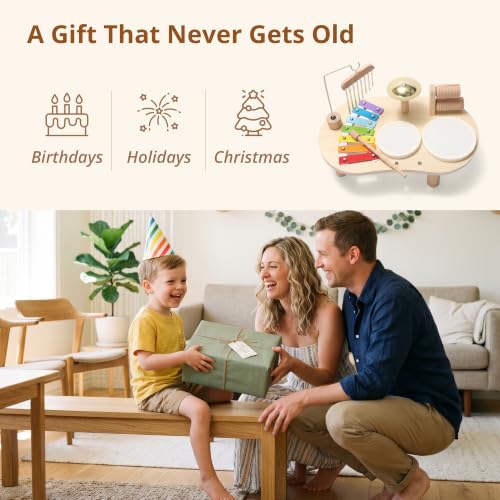 Wooden Drum Set for Toddlers 1-3, Montessori Musical Toy for Kids | First Birthday Gift for Boys & Girls, Encourages Engagement & Open-Ended Play, Screen-Free Fun