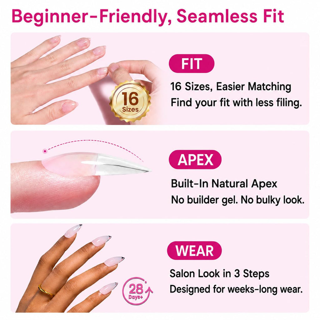 Beetles Tipex Lite Instant Apex Nail Tips, Medium Stiletto, 16 Sizes(00-14) | No Builder Gel Needed, Etched-free Acrylic Nails for DIY Salon-look False Nail Extensions, Full Cover Soft Gel Tips