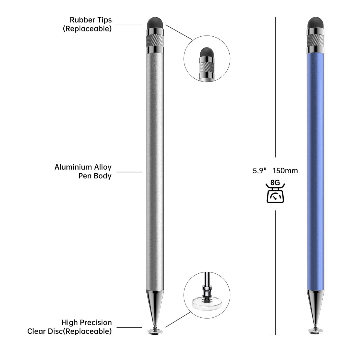 Bopomofo Stylus(5 Pcs),2-in-1 Stylus Pen for Touchscreen,Capacitive Stylus | Stylus with Precise Disc Tip & Rubber Tip for iPad iPhone Samsung Galaxy Android Tablets Kindle, 3 Disc Tips+6 Rubber Tips