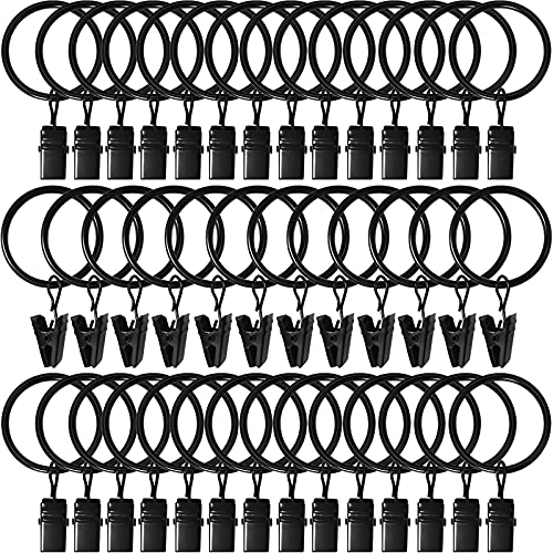 AMZSEVEN 40 Pack Metal Curtain Rings with Clips, 1.26 in ID, Black | Curtain clip rings fit rods up to 1 inch in diameter; securely hold curtains, baby pants on hangers and hair bows